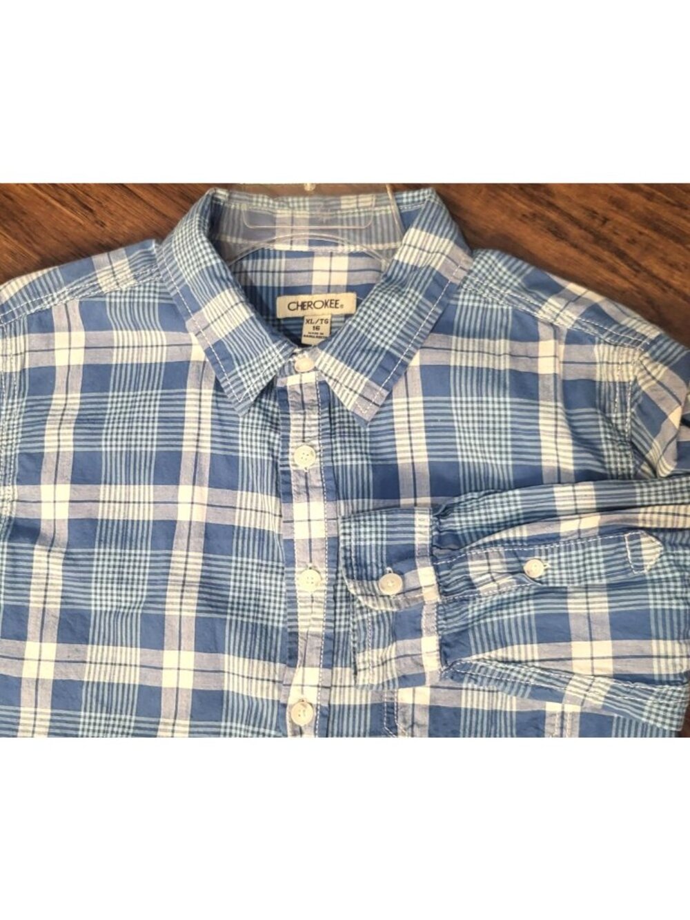Cherokee Blue Plaid Button Down Casual Shirt Youth XL 16